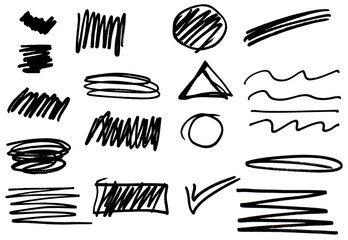 Set of hand drawn black marker strokes, abstract doodle scribbles, sketchy underline and highlight elements for graphic design, presentations, social media, posters, and branding visuals