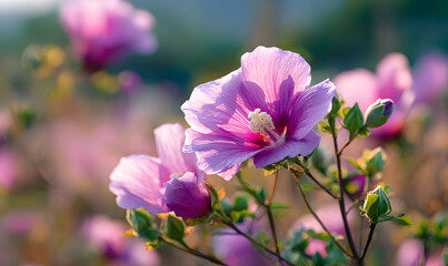 Rose of Sharon flowers on blue sky background. generative ai
