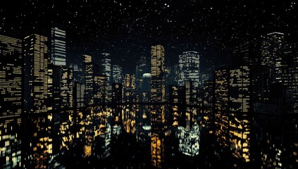 Naklejka premium Night cityscape, pixelated, illuminated buildings, starry sky