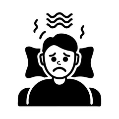 Black Glyph Icon of Sick Man in Bed with Fever and Illness Symptoms