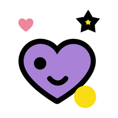 Cute Purple Heart Emoji Sticker with Happy Face, Stars, and Dots