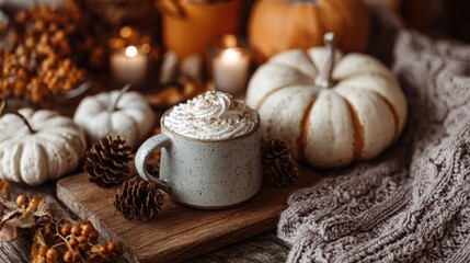 Fototapeta premium Pumpkin Spice Latte With Cozy Autumn Decorations Highlighting Gratitude in a Rustic Setting