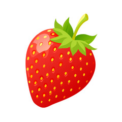 Bright Red Ripe Strawberry with Green Stem and Leaves Isolated on White