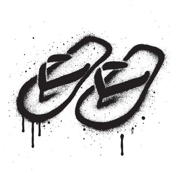 Graffiti Spray Paint Flip-Flops Icon in Black and White with Paint Drips.