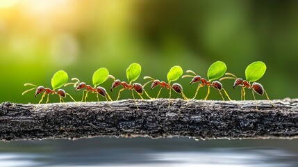 A line of red ants carrying green leaves along a branch, showcasing teamwork and nature's beauty.