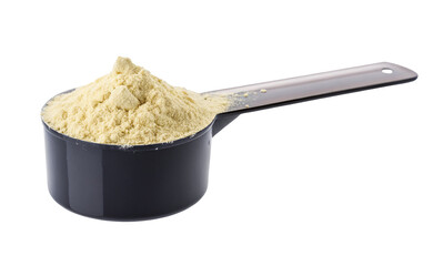 Isolated whey protein powder scoop for muscle growth and fitness supplement on white background stock photo