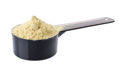 Isolated whey protein powder scoop for muscle growth and fitness supplement on white background stock photo