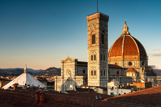 Duomo and bell tower at sunset, Florence, Italy