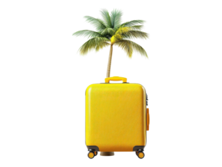 Vibrant Yellow Suitcase Under a Palm Tree