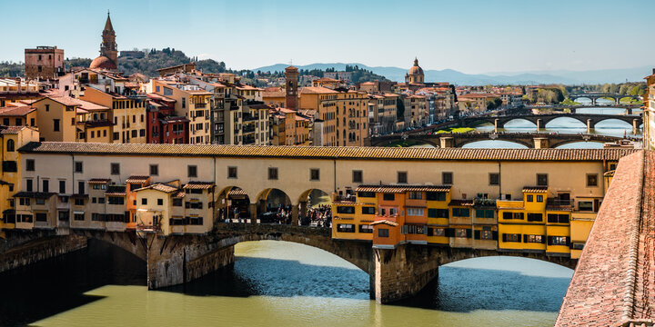 Ponte Vecchio panoramic aerial view, Florence, Italy