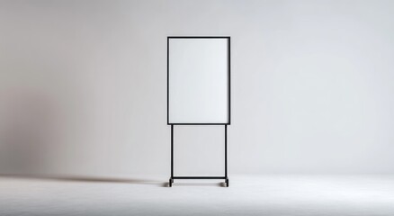 Freestanding, minimalist, rectangular white display board with a thin black metal frame and stand against a bright, neutral backdrop
