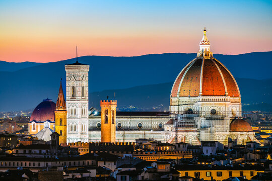 Elevated view of Santa Maria del Fiore cathedral at dusk, Florence, Italy