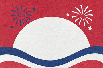 Obraz na płótnie Canvas Flat patriotic background with fireworks and copy space in red, white and blue for 4th of July and Memorial Day