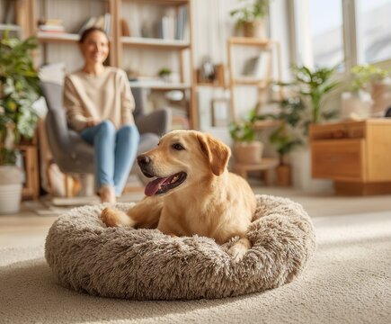 dog lying relaxed on cozy dog bed in modern living room - Powered by Adobe