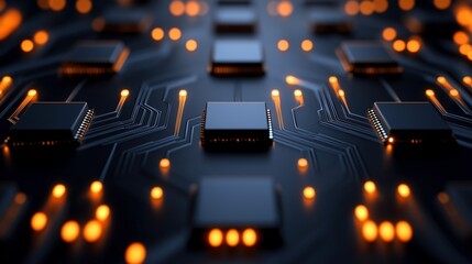 Computer chips and orange diode lights image render 3d. Innovations. Modern circuit board with powerful components background realistic graphic. Conceptual idea, visual storytelling