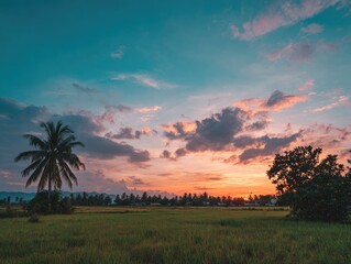 Serene sunset over a rural landscape featuring a paddy field, palm tree, and distant houses under a colorful, cloudy sky