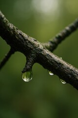 Raindrops on tree branch with green blurred background, macro nature detail
