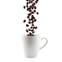 Obraz premium Roasted Coffee Beans Falling into White Mug Perfect Cup of Coffee
