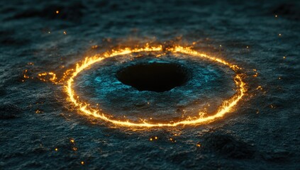 Fiery ring encircles dark hole in textured landscape