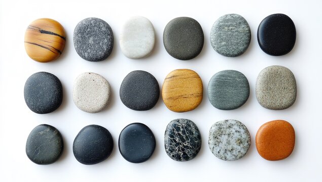 Flatlay of various smooth stones, arranged in grid pattern