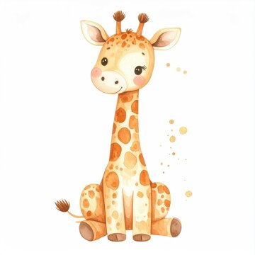 Tall baby giraffe with long neck and orange spots sitting and smiling in watercolor style perfect for kids room and nursery decor
