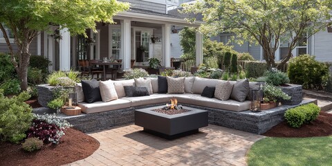 Obraz premium Outdoor living space with a built-in stone seating area, cushions, pillows and a square fire pit providing warmth and ambiance.