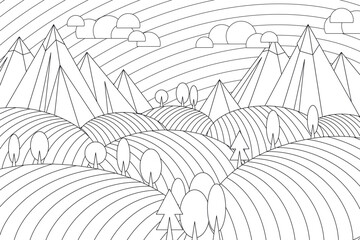 Linear geometric landscape. Vector illustration. Coloring book for stress relief. Sky, clouds, valleys, fields, hills, trees, mountains. 