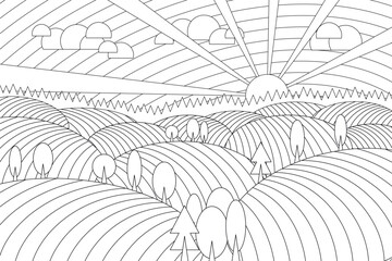 Linear geometric landscape. Coloring book for stress relief.
Vector illustration.  Sunrise, clouds, valleys, fields, hills, trees, forest. 
