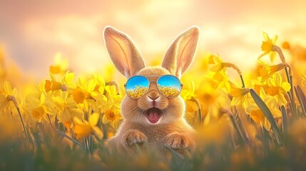 Fototapeta premium Playful Easter Bunny with Sunglasses Enjoying a Colorful Daffodil Garden on a Bright Spring Day