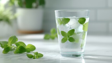 Fototapeta premium Refreshing mint tea in a clear glass with ice cubes condensation and floating mint leaves on a marble surface with soft lighting and ample copy space