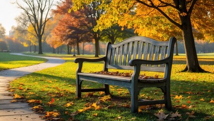 Autumnal Park Bench Serene Fall Scene with Golden Leaves