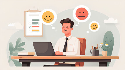 Job satisfaction, work environment wellbeing, office quality happiness, work life balance score rating, career growth or workload concept, businessman working at office desk with satisfaction rating. 