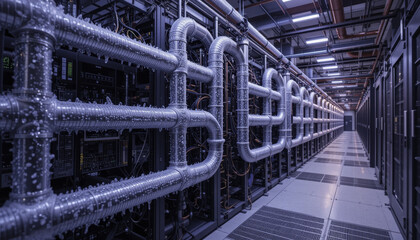 futuristic data center with advanced cooling systems features rows of servers and intricate piping. high tech environment is designed for efficient data processing and storage