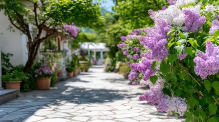 Obraz premium Tranquil cobblestone lane bordered by blooming lilac bushes during sunny spring day with soft sunlight highlighting petals and stone path, perfect for romantic or garden themes