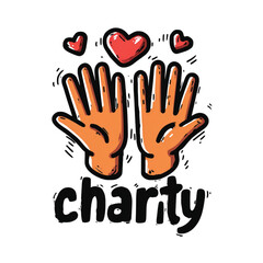 Hands raised with hearts and the word charity in colorful design  
