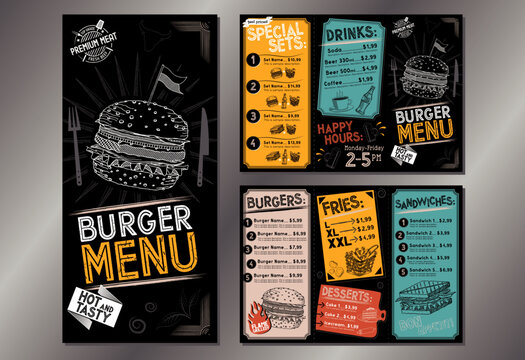 Vintage burger restaurant menu template - A4 do DL folded leaflet (burgers, sandwiches, french fries, desserts, drinks, sets)