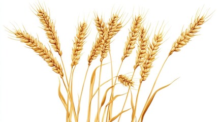 Isolated bundle of golden wheat stalks with long seed heads against a white background