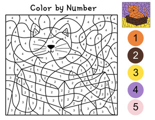 Color by number activity page for kids with a cute cat in a box. Funny feline character puzzle game for school and preschool. Vector illustration