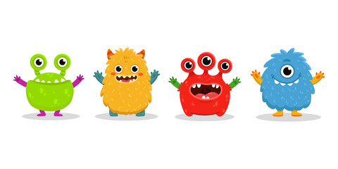 set of cartoon monsters. Cute monster in flat style. Kids funny character design for posters, cards, magazins. Vector illustration
