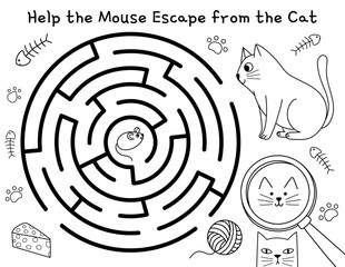 Help the mouse escape from the cat maze game for kids. Activity page with a cute feline character. Vector illustration