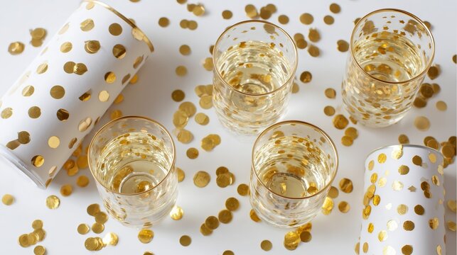Party celebration setup with gold polka dot decor and stylish glasses on a white surface