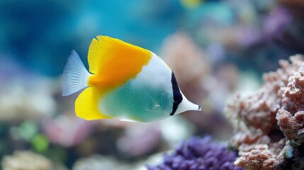 Obraz premium Closeup of vibrant foxface fish swimming near coral in underwater aquarium scene with copy space