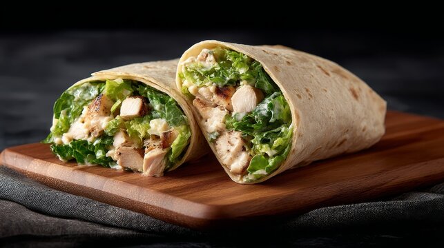 Sideangle view of a grilled chicken caesar wrap sliced in half, revealing fresh lettuce, tender chicken pieces, creamy dressing, all wrapped in a soft tortilla on a wooden cutting board with copy spa