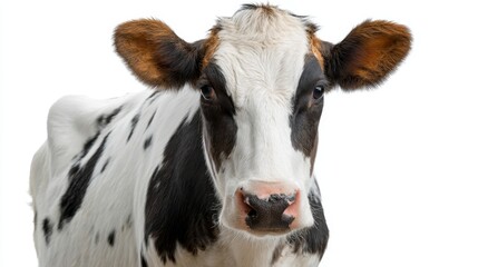 Calm dairy cow portrait in side angle with white background emphasizing texture and natural beauty