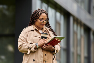 University teacher engaged in outdoor lesson preparation while sipping coffee on campus