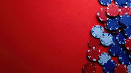 Colorful poker chips on a red casino table.