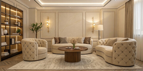 Fototapeta premium A beige living room interior with seats and a round table, a cozy and social space for relaxation and conversation