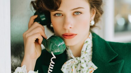 Vintage woman with green telephone engaged in conversation in a bright, retro-style setting