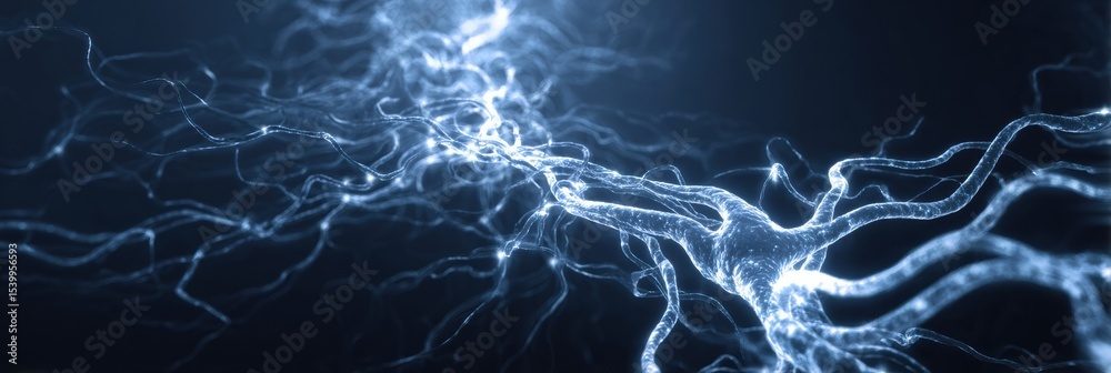 Aufkleber Visualization of Neural Pathways Illuminated by Light Trails Against a Dark Blue Background Showcasing Brain Connectivity