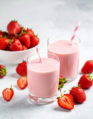 Two glasses of creamy strawberry smoothie with pink straws and fresh strawberries on gray surface in a bright healthy breakfast setting.